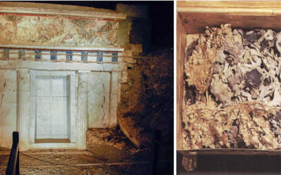 Left; Facade of Tomb II in Vergina, Greece.	Right; Bones and textile fragments from the tomb